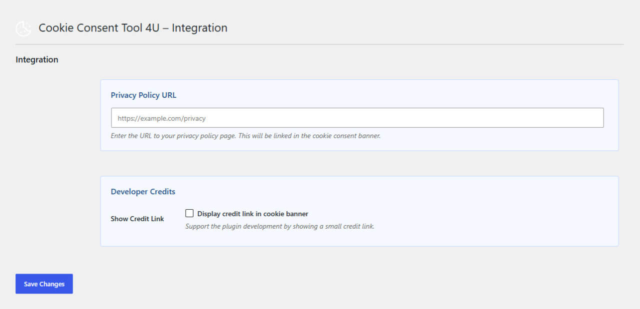 Integration: link your privacy policy page and optionally show a small credit link.