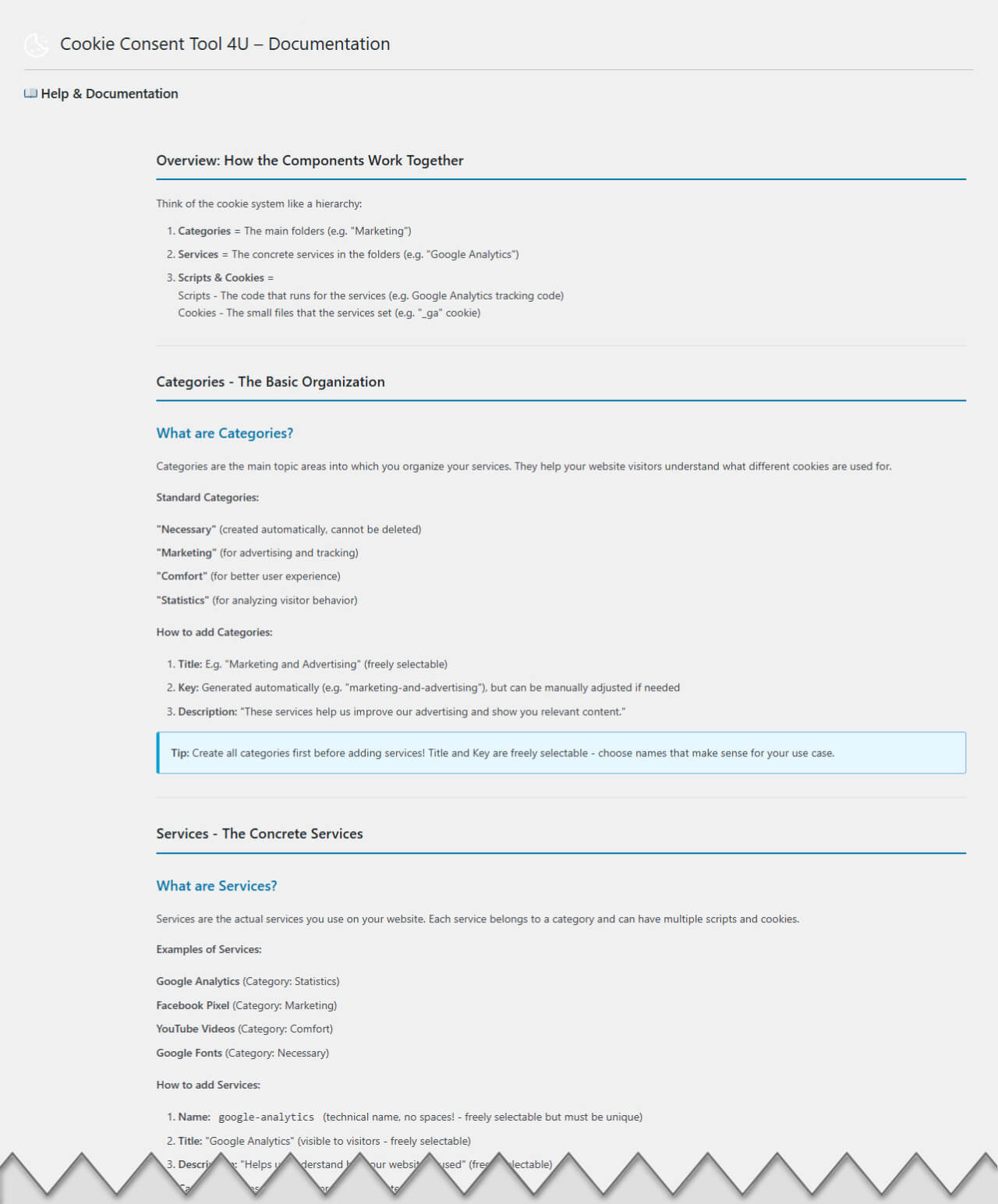 Built-in help explaining how categories, services, scripts and cookies work together.