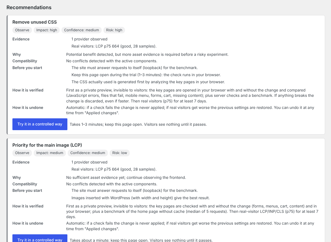 Recommendations with evidence, risk, how each change is verified and how it is undone, and the "Try it in a controlled way" button.