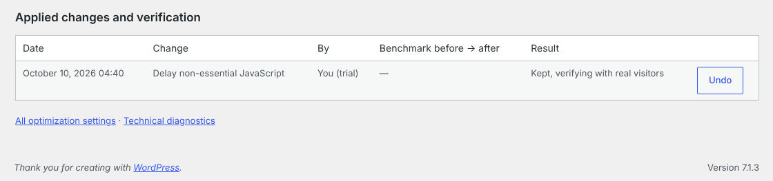 Applied changes: every change kept or discarded, with the measurements and an Undo button.