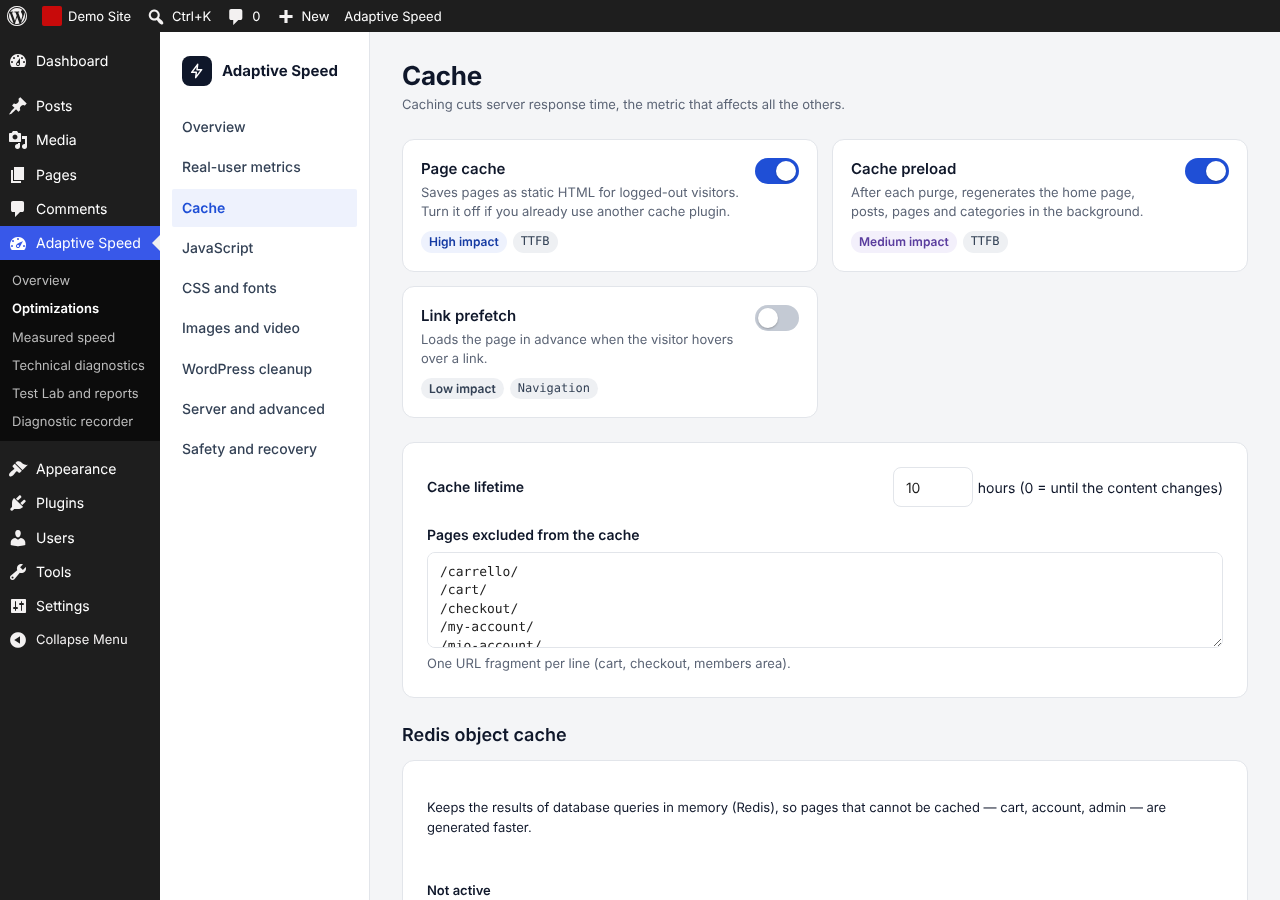 Optimizations: cache settings, one switch per feature with its expected impact.