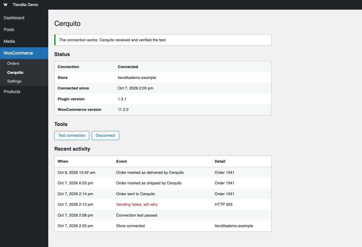 The Cerquito screen in WooCommerce: connection status, the Test connection and Disconnect buttons, and the recent activity log.