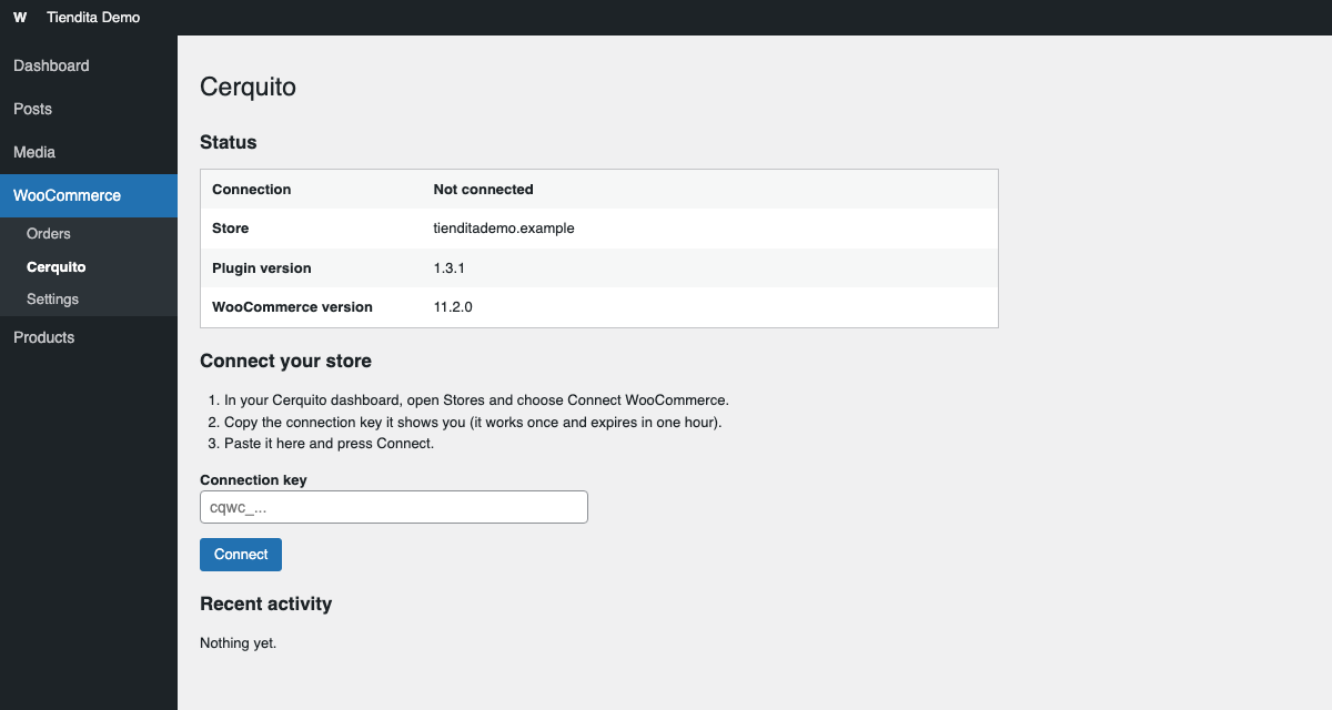 Connecting a store: paste the connection key from your Cerquito dashboard and press Connect.