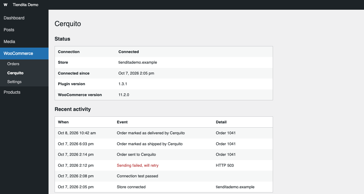 Recent activity: the last 20 events, such as orders sent to Cerquito, shipped and delivered.