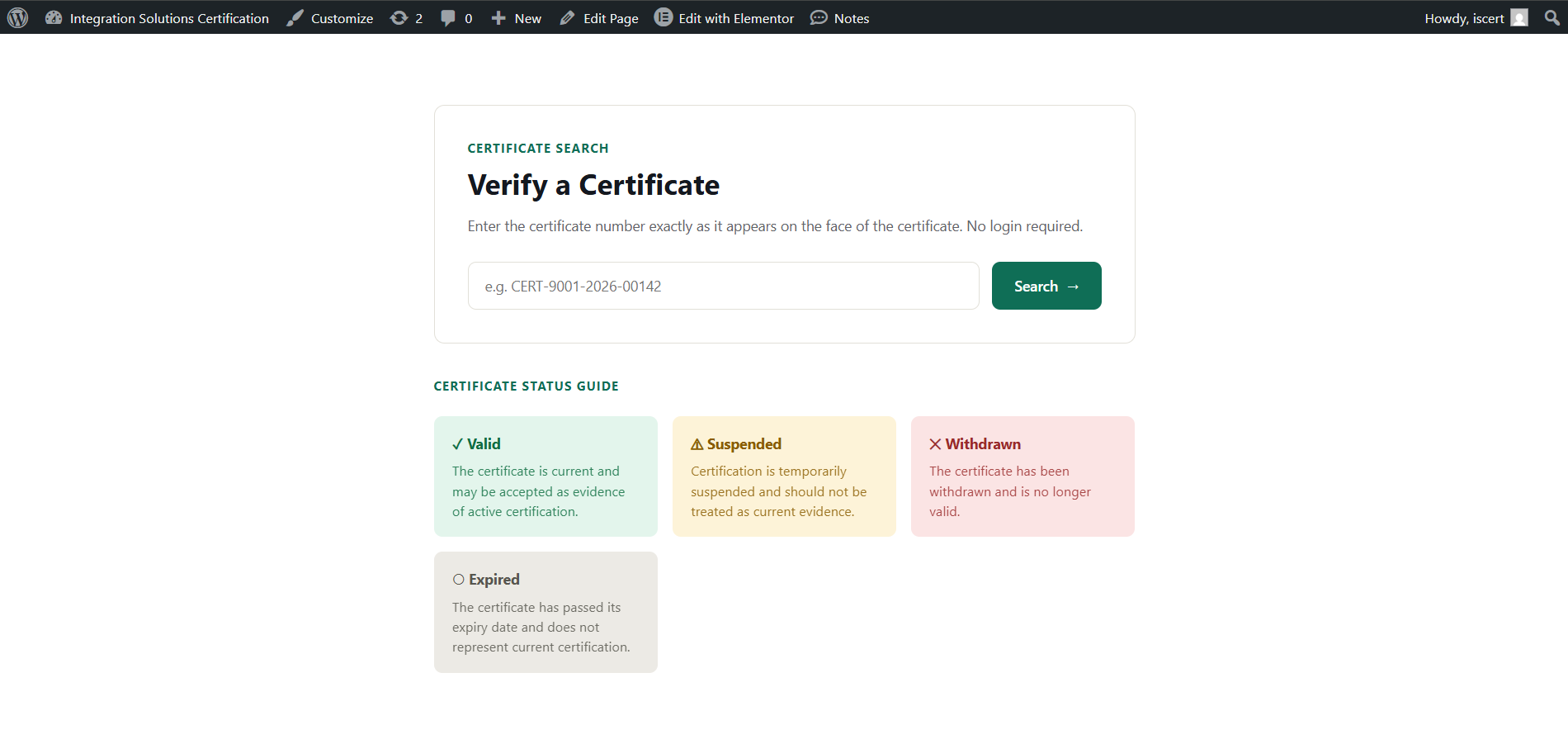 Public certificate verification page with status guide.