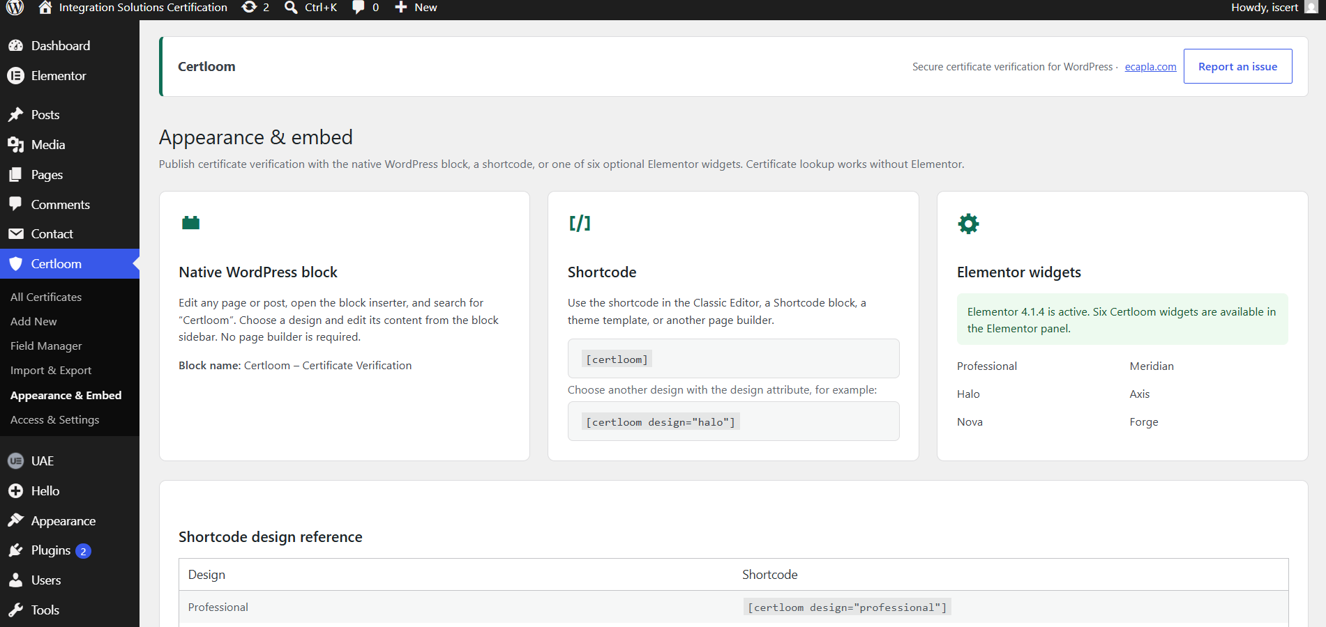 Appearance & Embed admin screen showing the block, shortcode, and Elementor widget options.