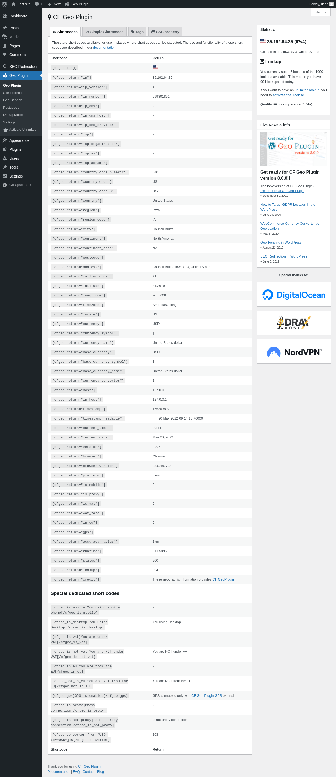 Geo Controller Available shortcodes and values