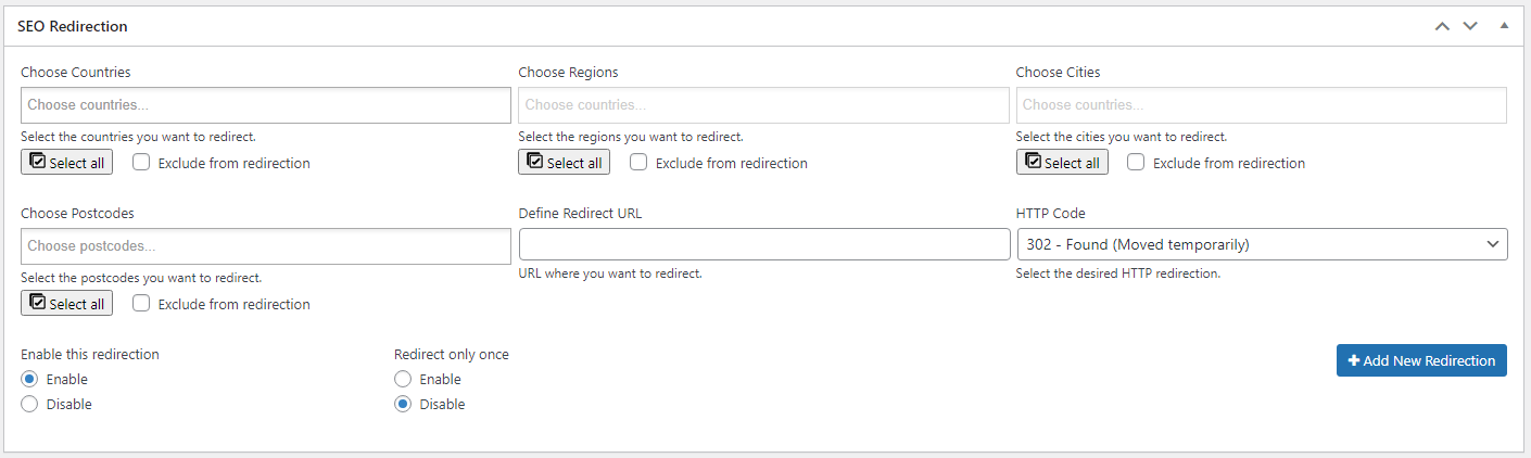 SEO Redirection settings