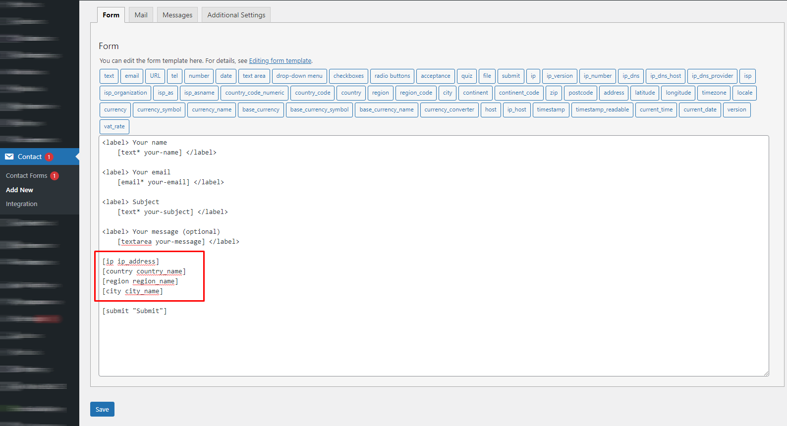 Contact Form 7 settings