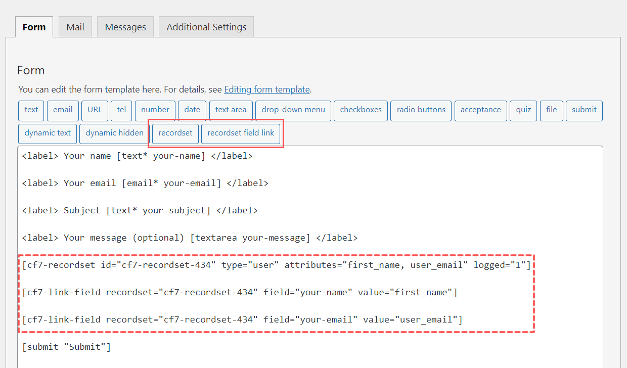 Data Source for Contact Form 7