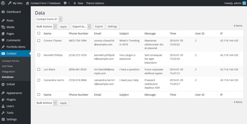 Contact form database in WordPress dashboard