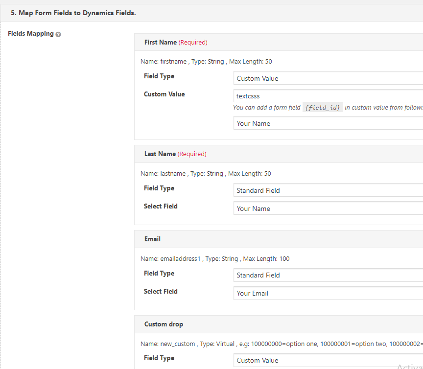 Map Dynamics CRM fields.