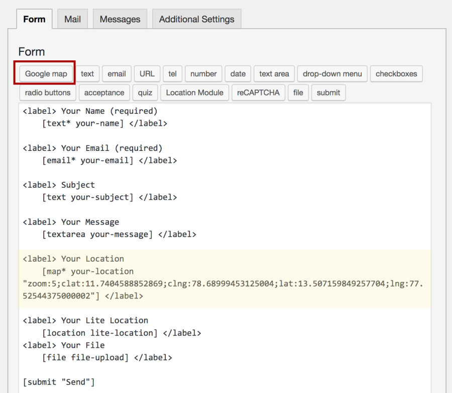 Insert a Google Map tag into your cf7 form