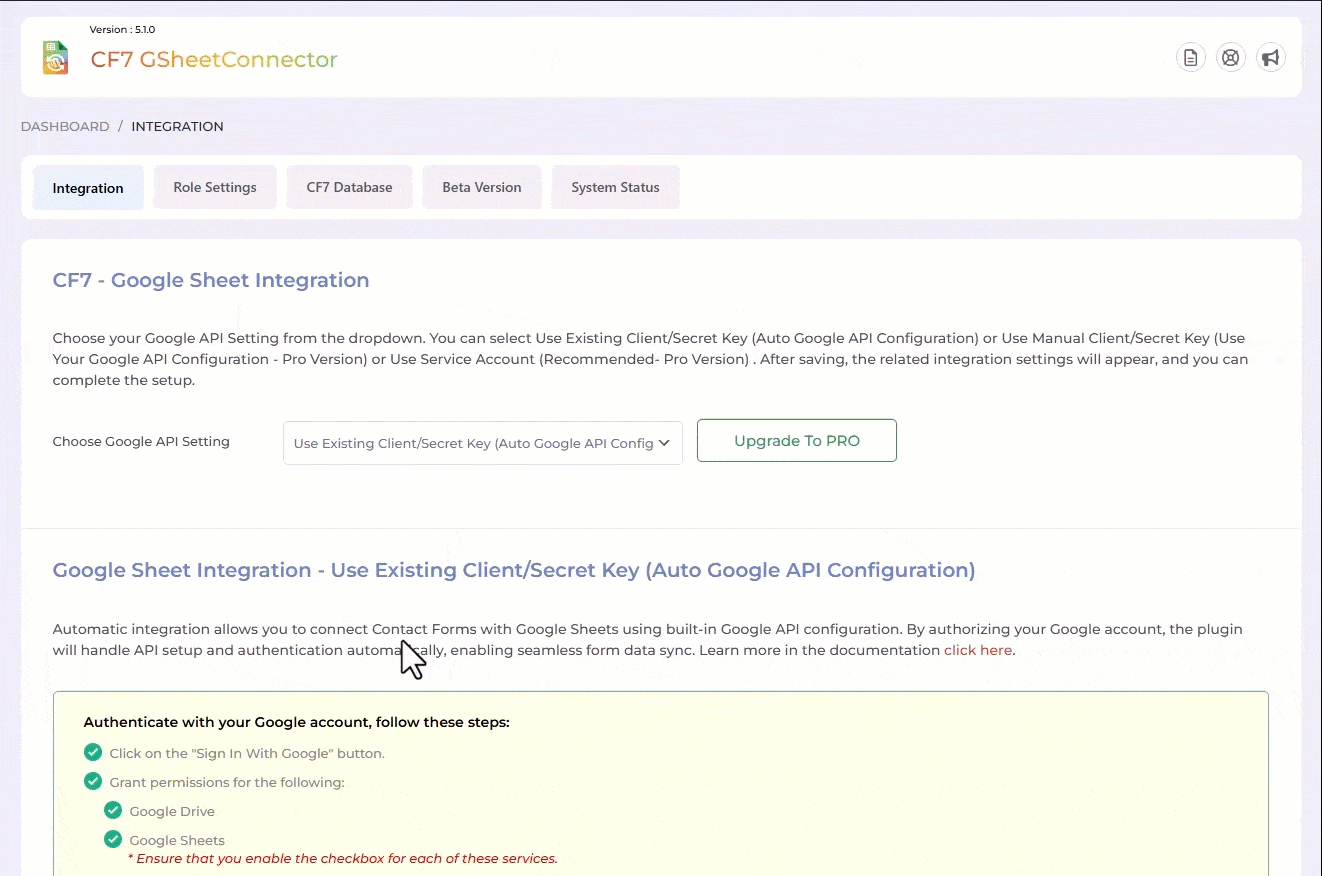 Google Sheet Integration Shown with Authentication along with Permissions.
