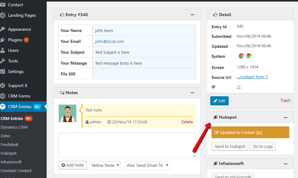 Send Contact form 7 entry to HubSpot by Free Contact Form Entries Plugin.