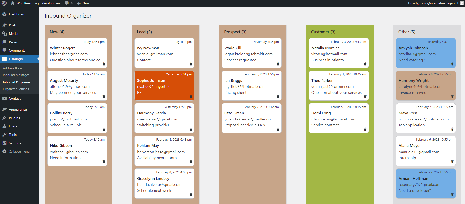 Inbound Organizer with 5 columns in use as a lead tracker.