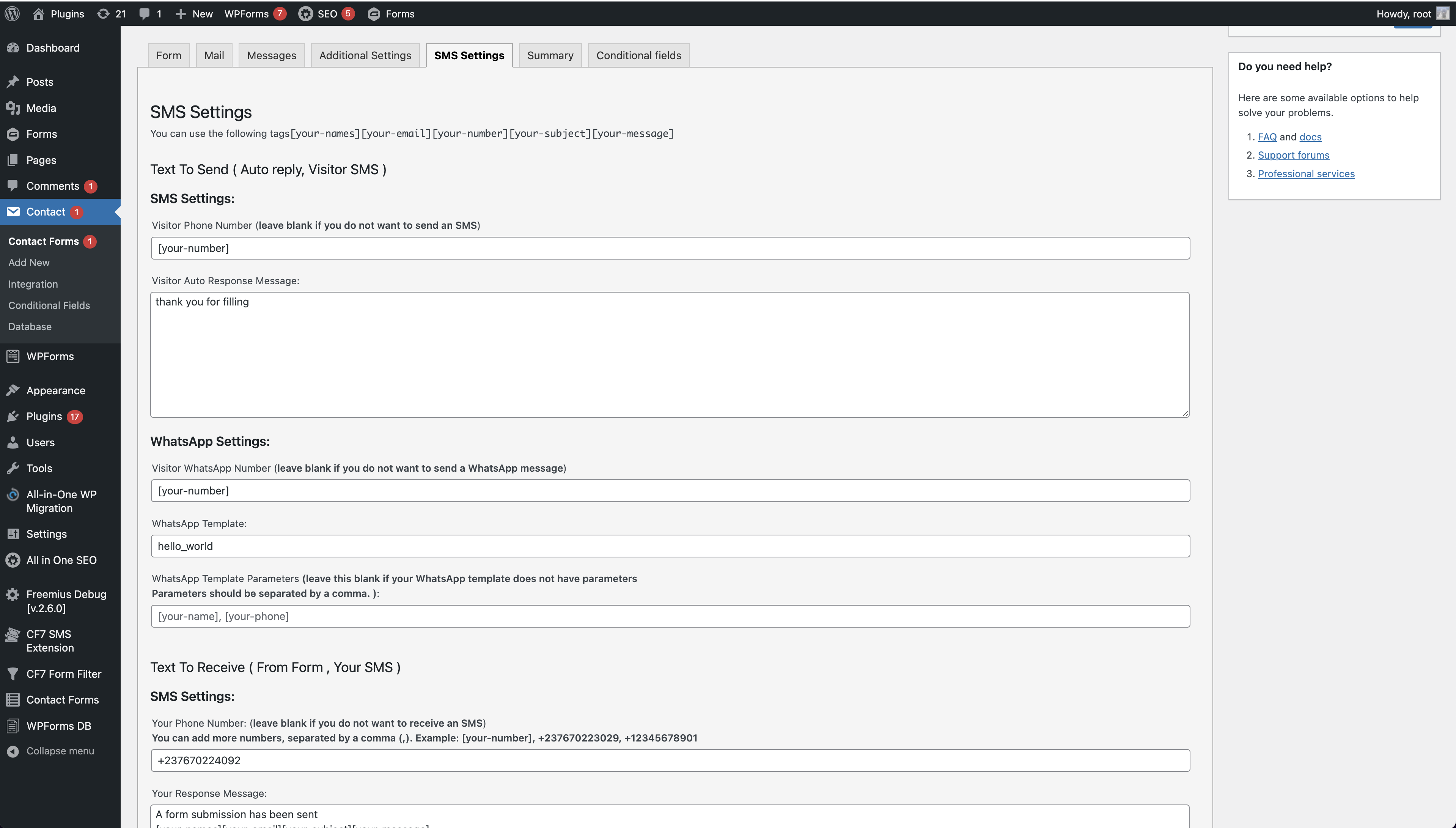 Contact Form 7 SMS Settings Tab