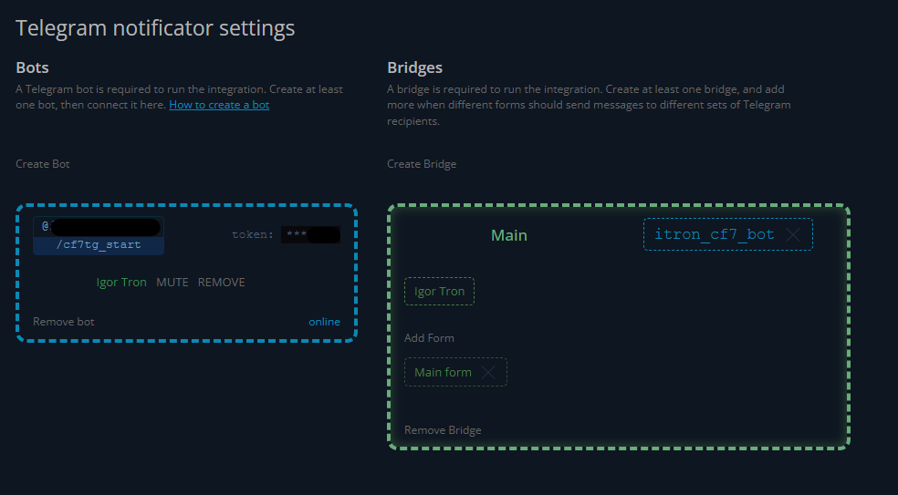 Telegram notifier settings after a successful setup: the bot is highlighted in blue and the bridge is highlighted in green.