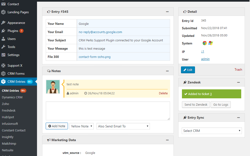 Send Contact form 7 entry to zendesk.