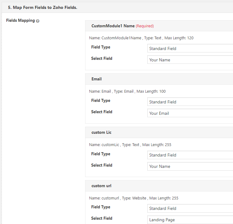 Map Zoho CRM fields.