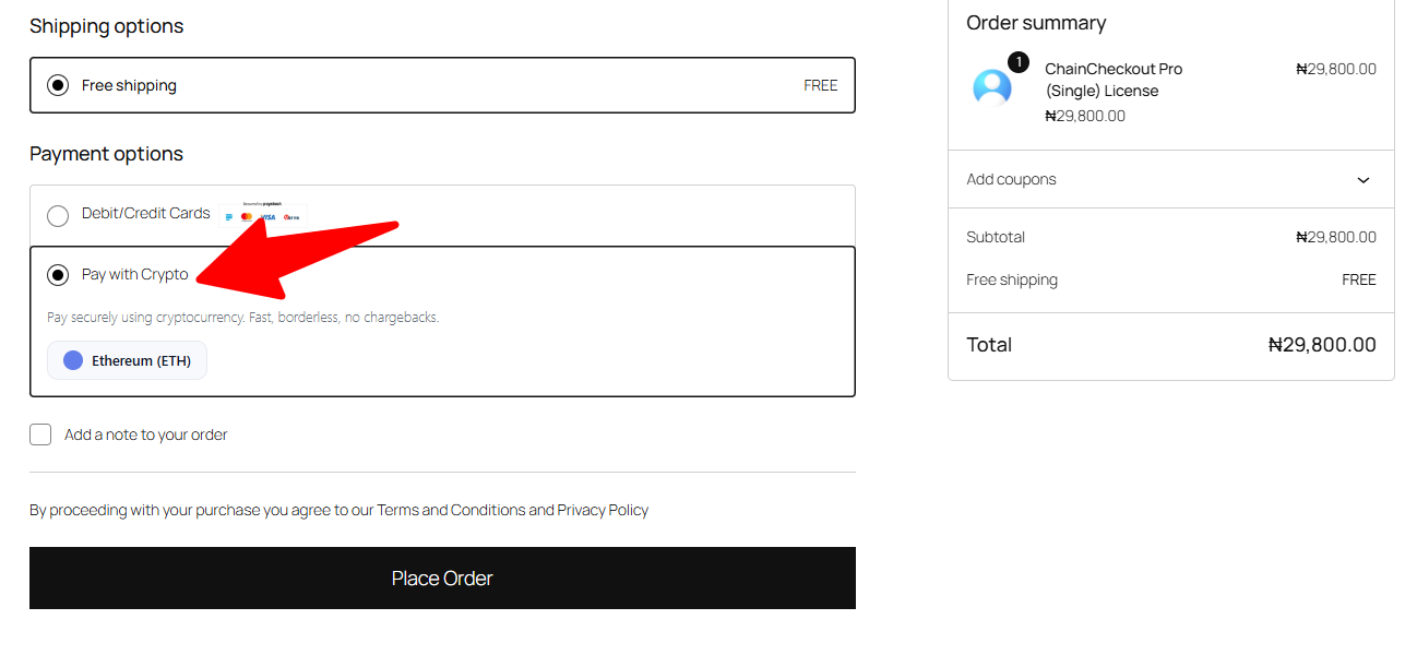 Customers can choose cryptocurrency during checkout.