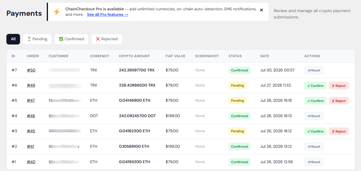 Monitor and manage incoming crypto payments from the admin panel.