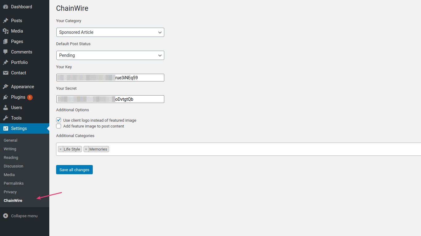 Chainwire Settings Screen
