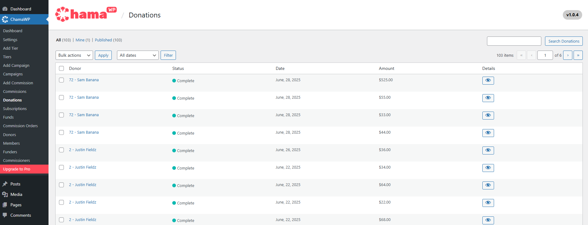 Admin dashboard view with a detailed log of donation transactions.