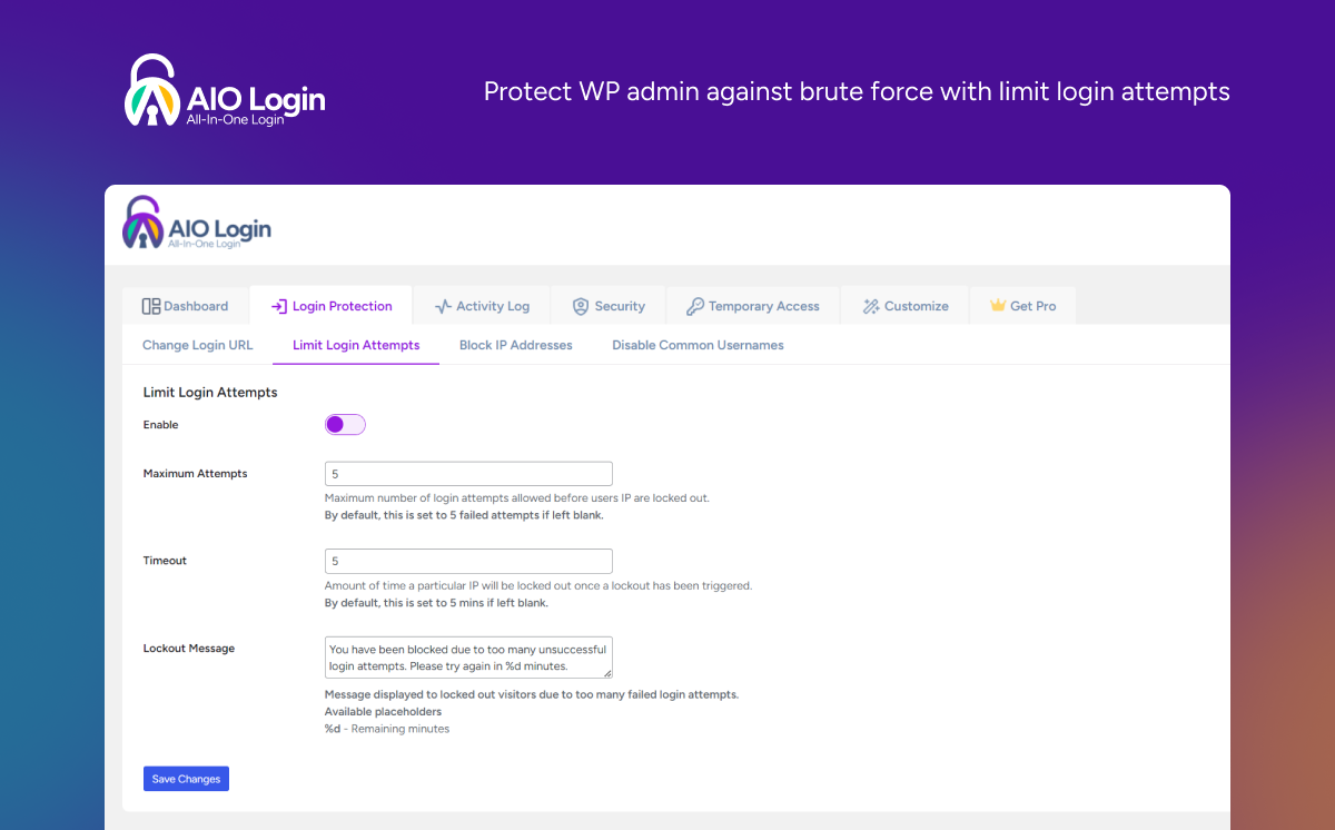 Protect WP admin against brute force with limit login attempts.