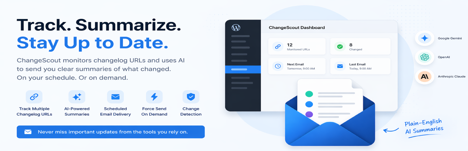 WordPress 外掛 ChangeScout – Track Changelogs & Product Updates Automatically 的封面圖片