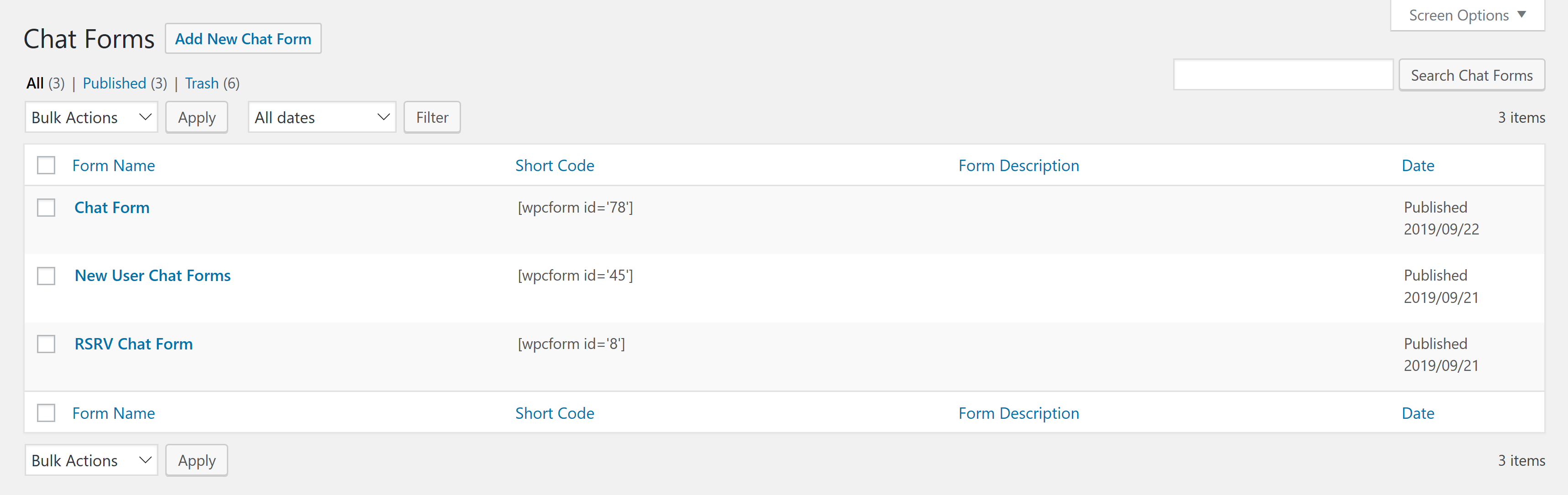 Chat Forms assets list view