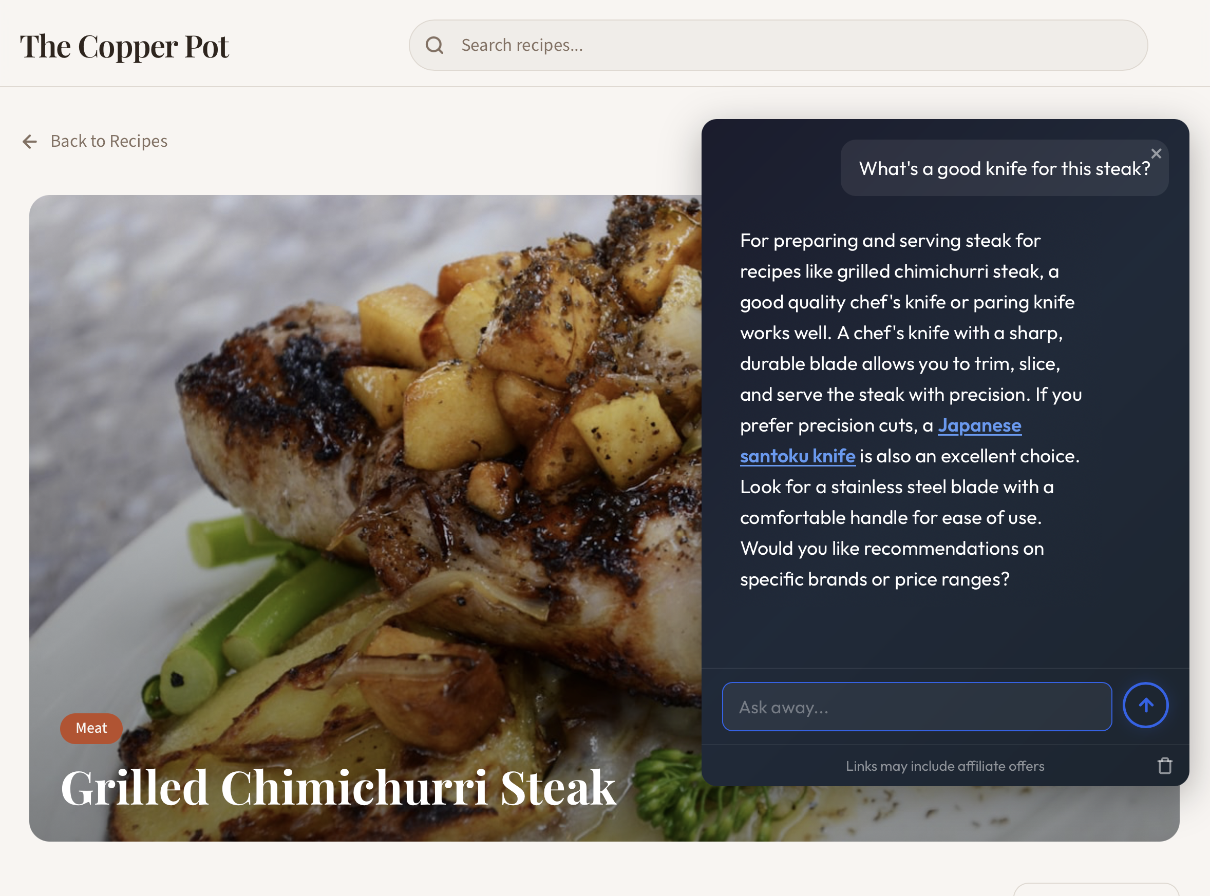 The ChatAds assistant answering a reader's question inline on a blog post, with an affiliate link in the recommendation.