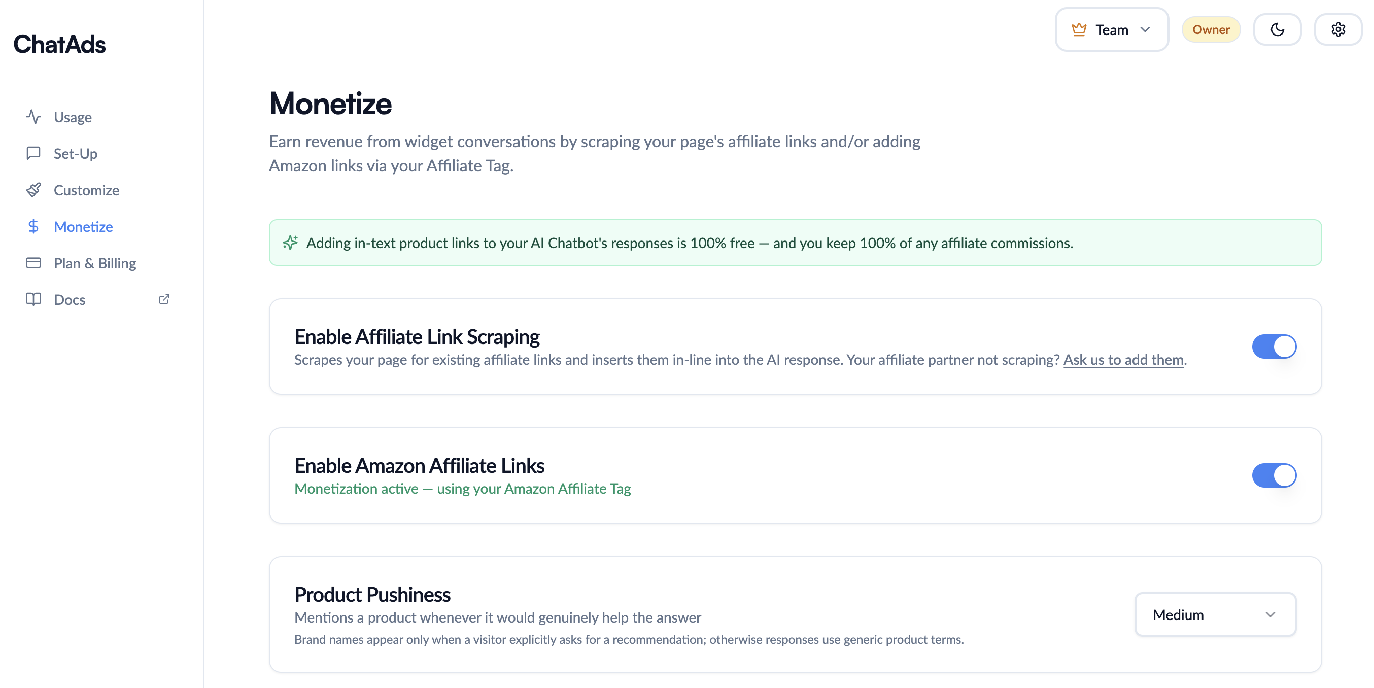 Monetization controls: toggle affiliate link scraping and Amazon affiliate links, no code required.