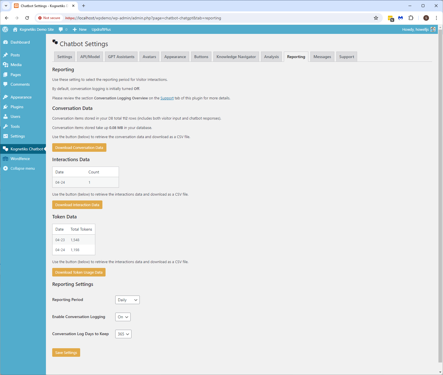 Chatbot Setting - Reporting settings