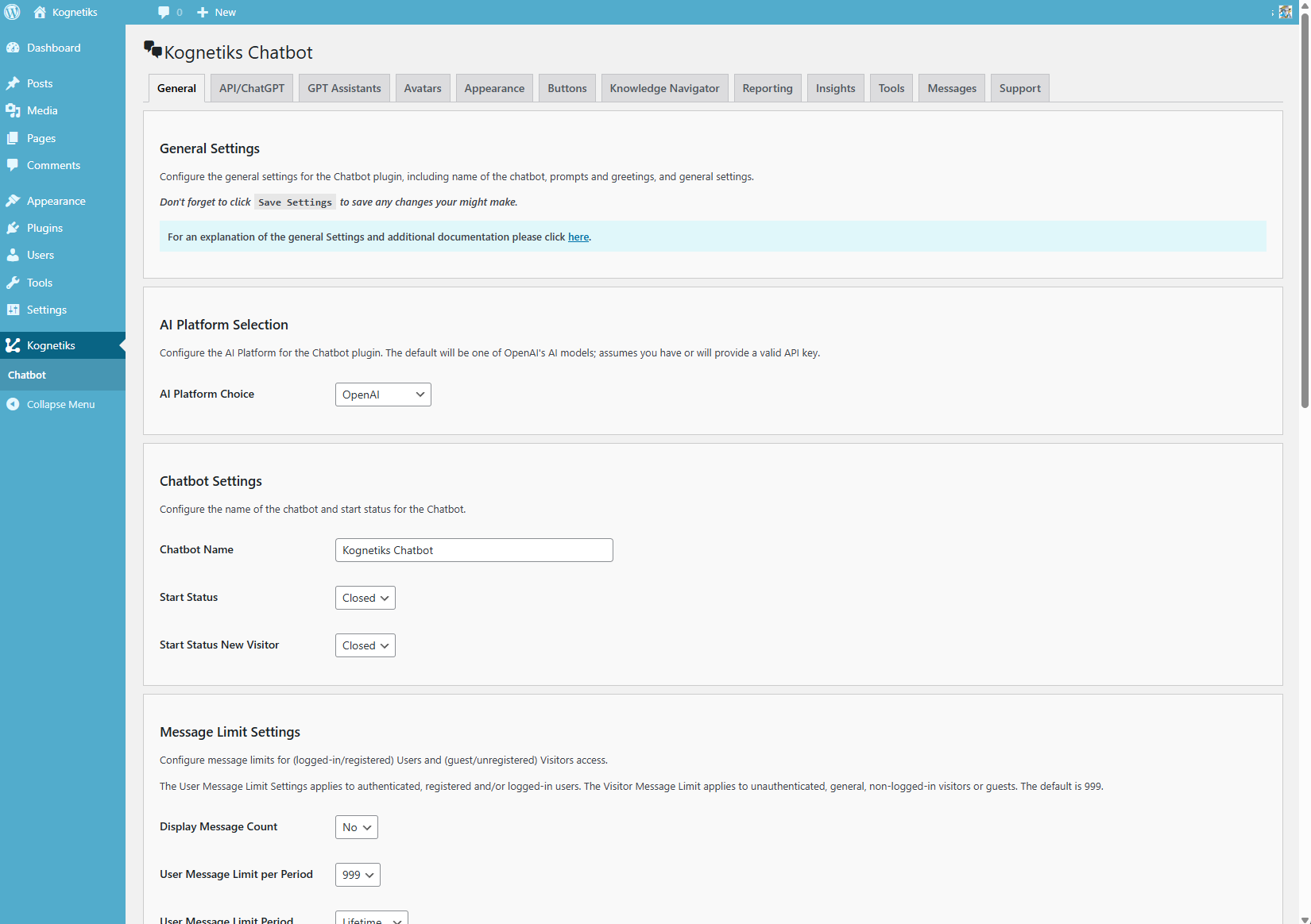 Chatbot settings and configuration