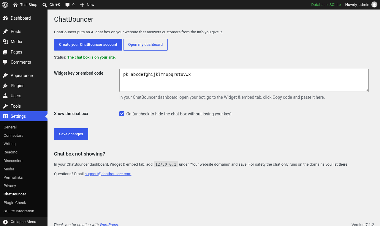 Settings > ChatBouncer: paste your widget key and turn the chat box on.