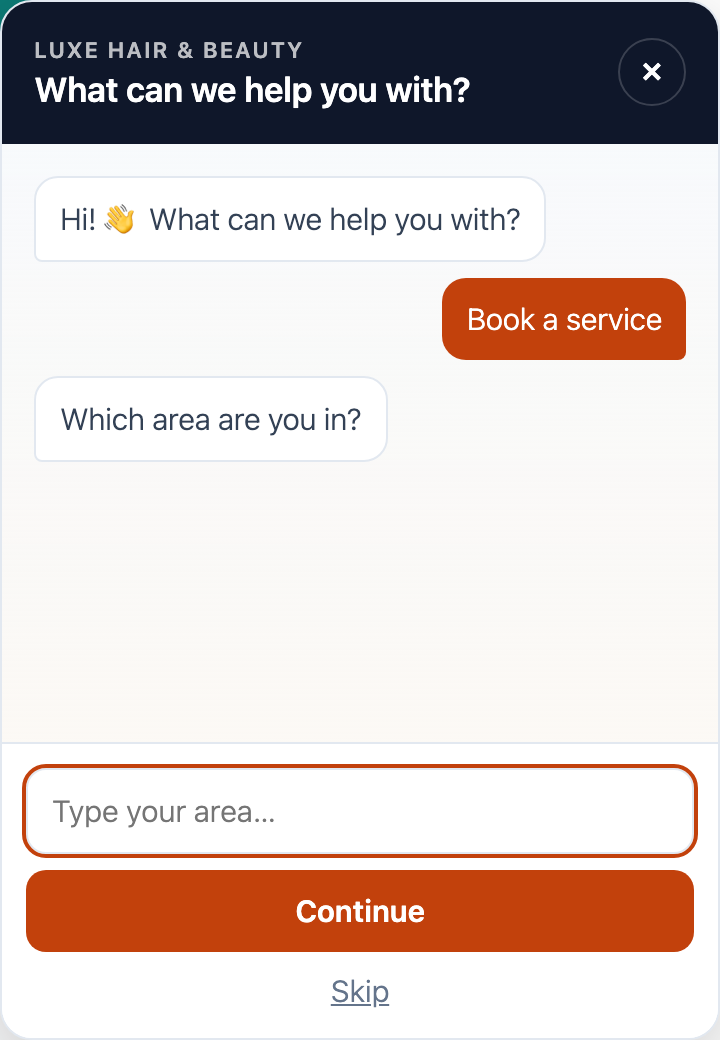 The floating chat widget guides visitors through a short, mobile-first enquiry — full-width choices and one simple question at a time.