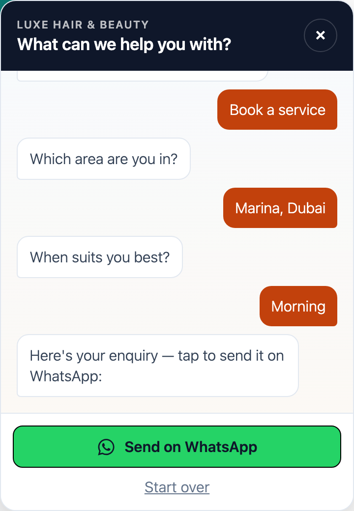 The finished enquiry hands off to WhatsApp with every detail prefilled — one tap to send.