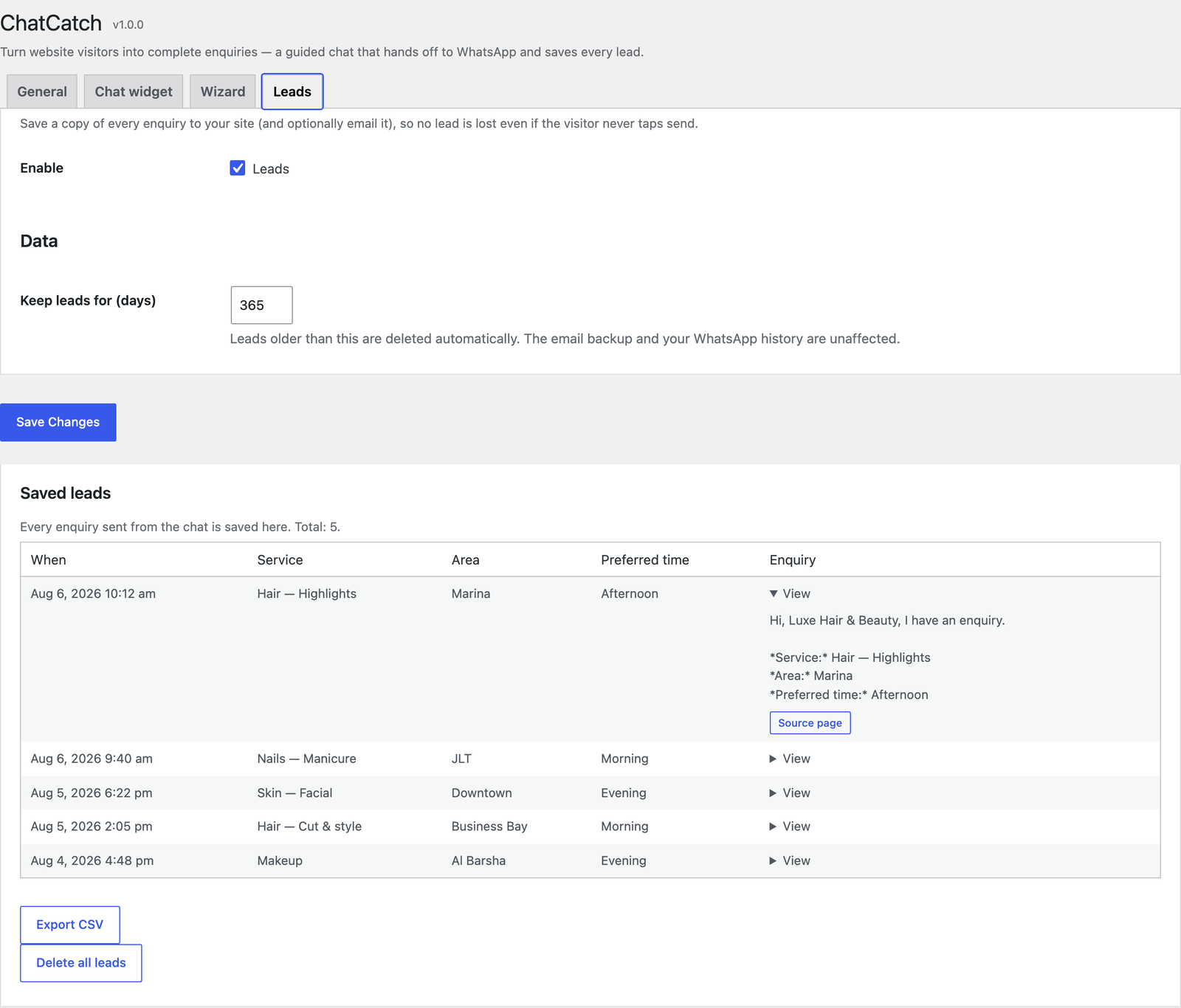 The Leads inbox in wp-admin — browse and open every saved enquiry, and export them all to CSV.