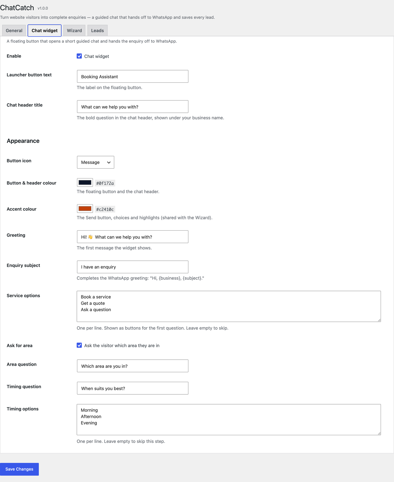 Customise the chat widget: launcher text, button icon and colours, the greeting, and the first-question choices.