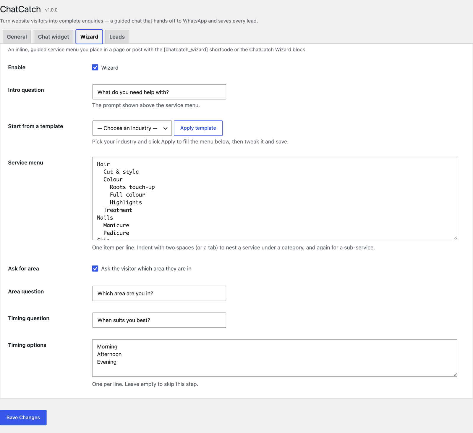 Build your service menu by hand, or apply a one-click industry template.
