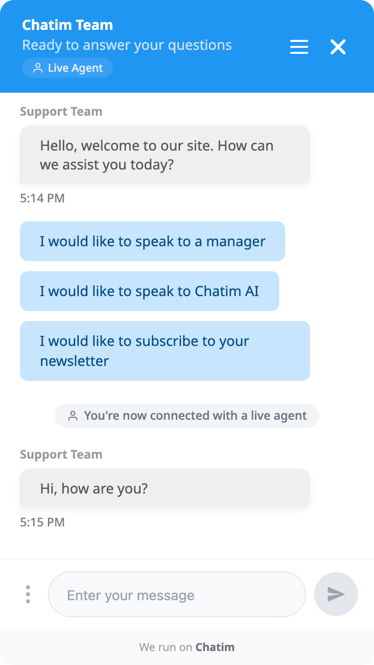 Chat widget on your site with live agent, AI and chatbot modes