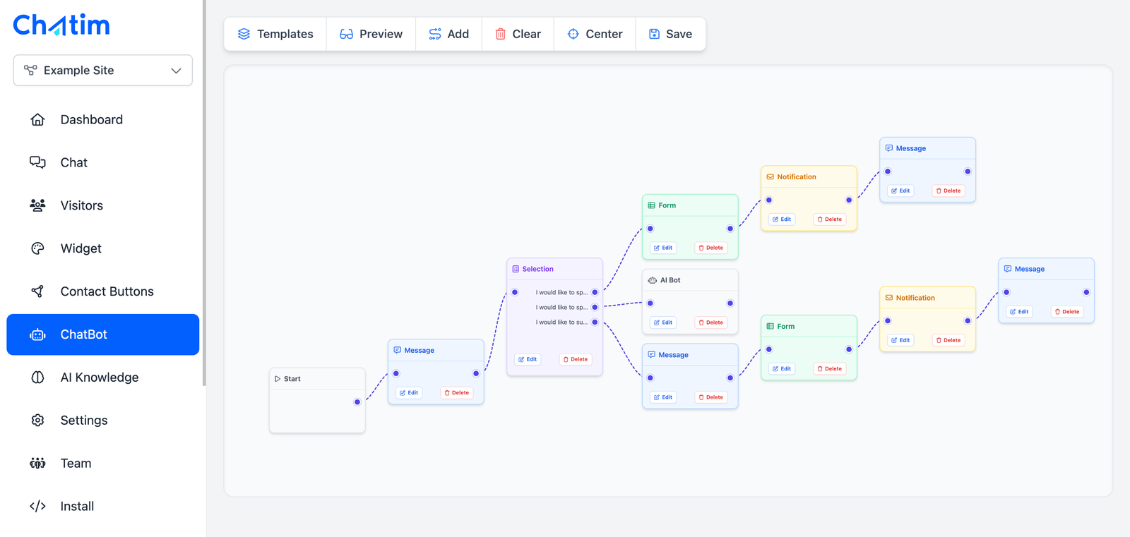 Drag-and-drop chatbot builder with forms, conditions and AI handoff