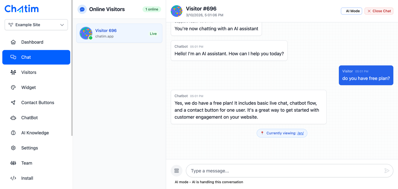 Chatim AI answering visitors from your knowledge base