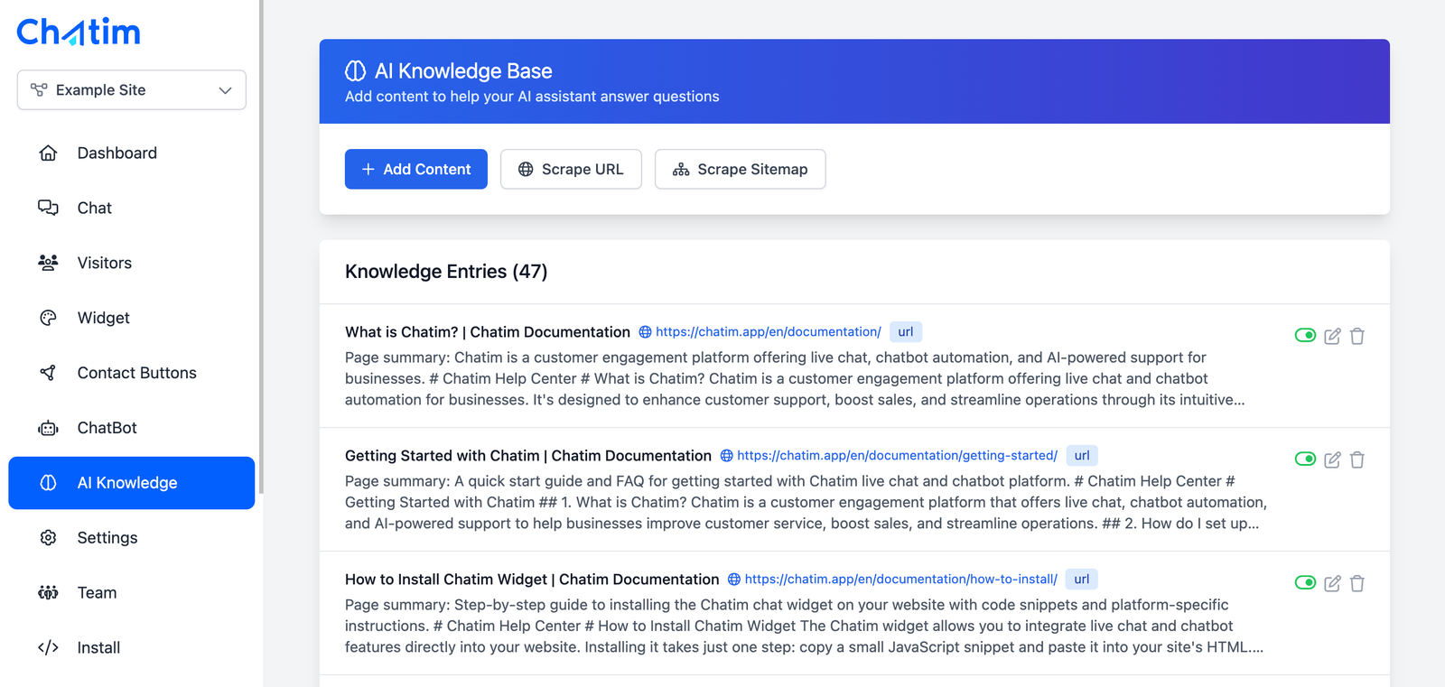 AI knowledge base: scrape your pages or sitemap