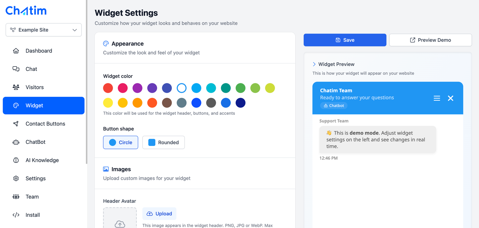 Widget settings: colors, shape, avatar, live preview