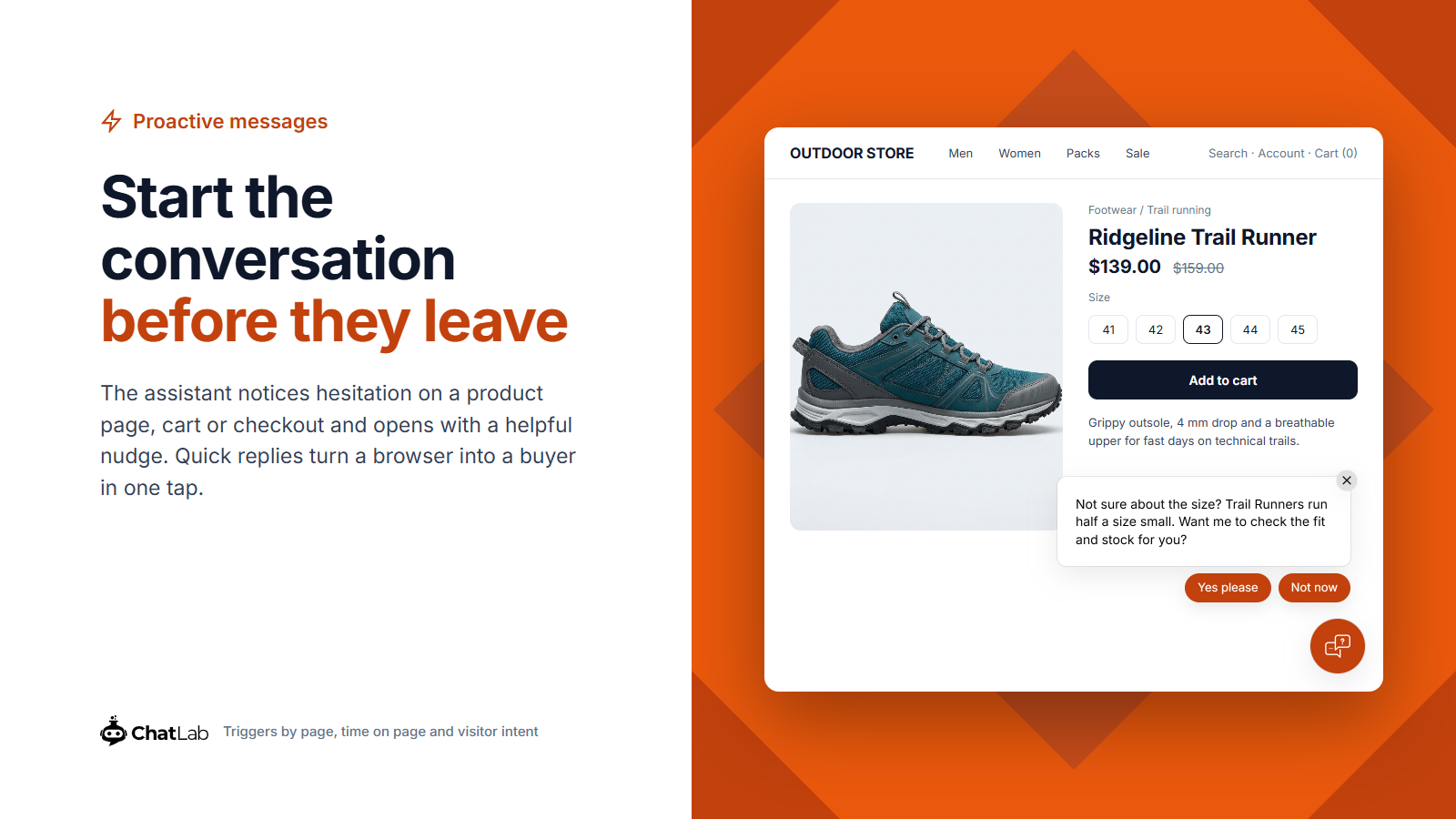 Proactive messages - the assistant starts the conversation on a product page with quick replies