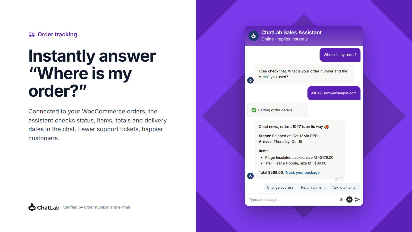 Order tracking - instant answers to "Where is my order?" from your WooCommerce orders