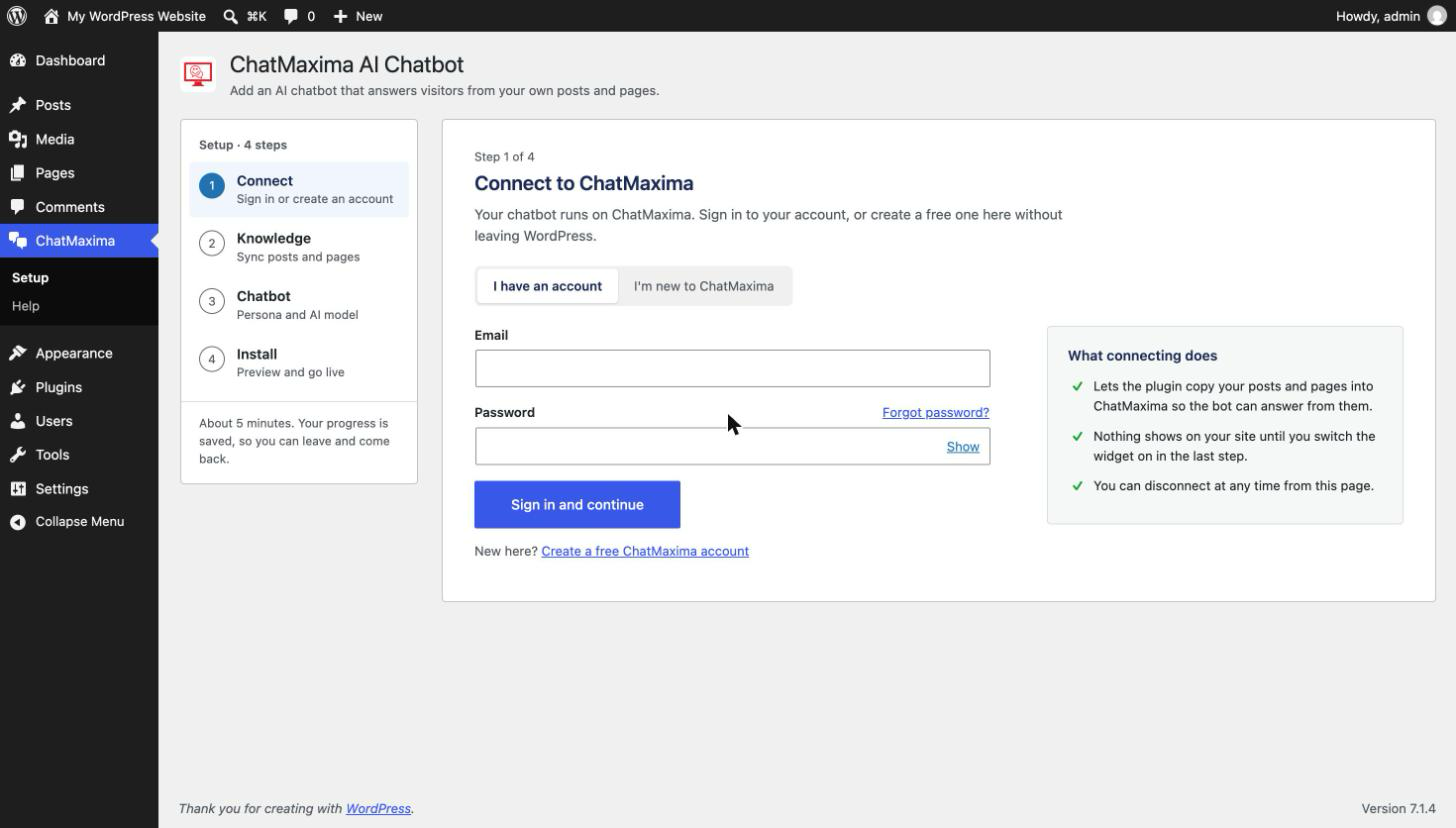 Setup, step 1: sign in to ChatMaxima or create a free account