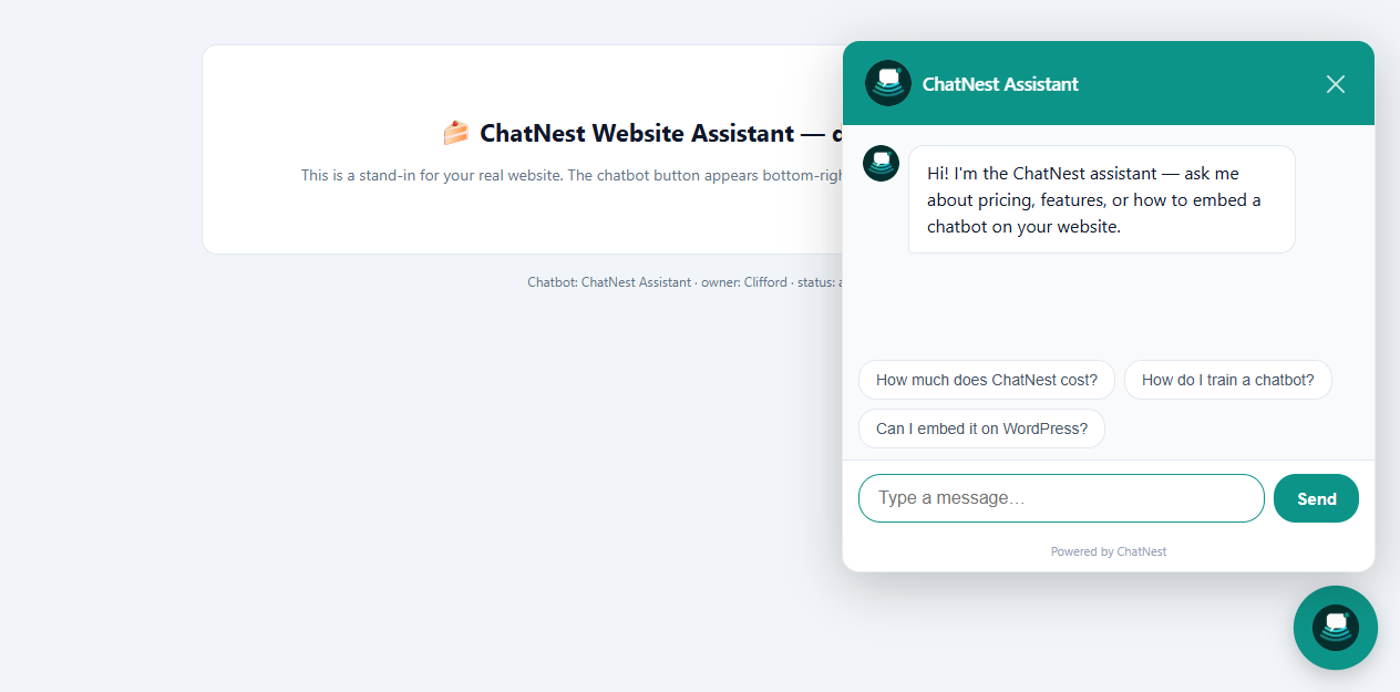 The ChatNest widget live on a website — launcher button, branded header and suggested questions.